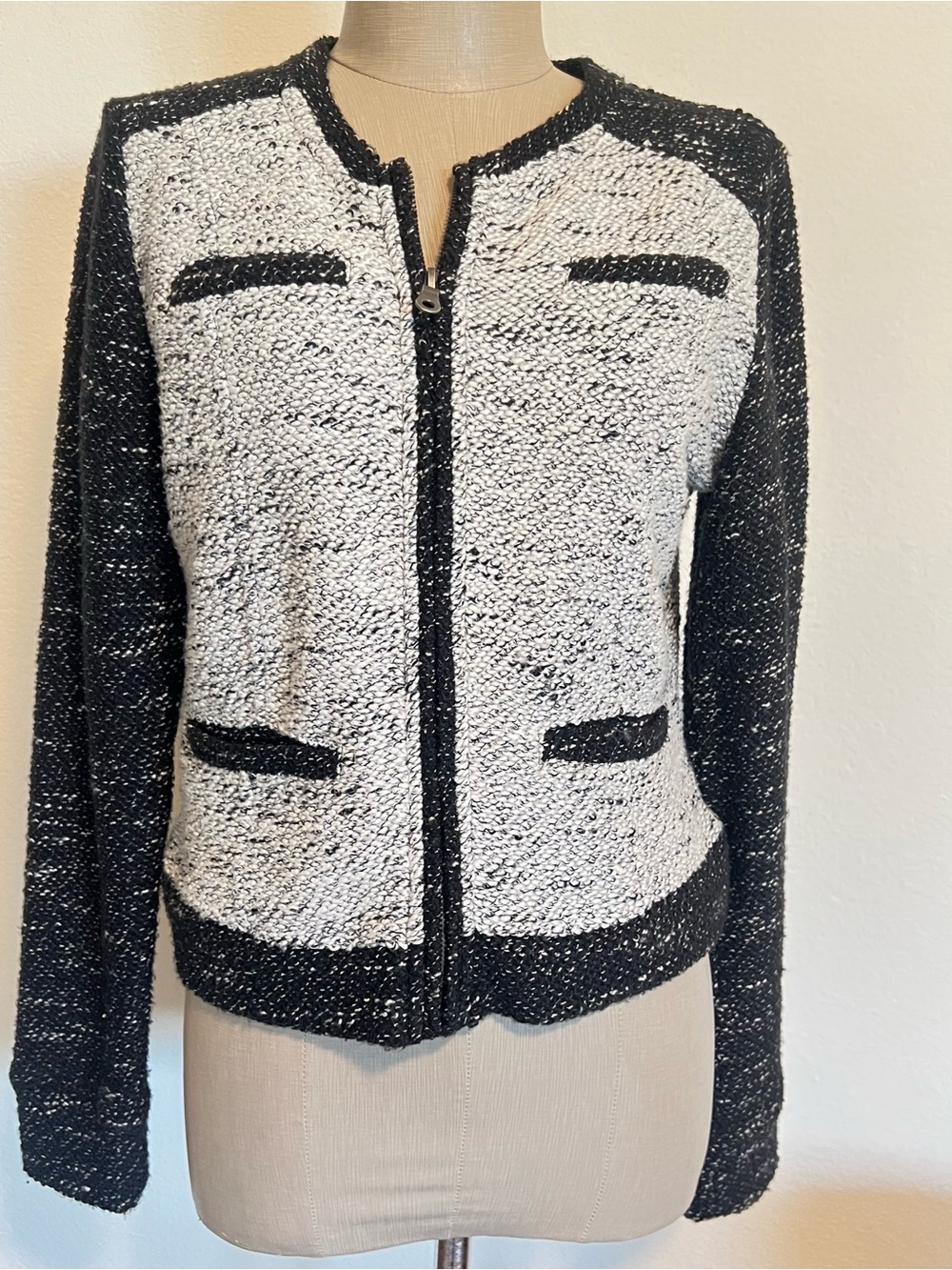 blanc noir Black & White Bouclé Zip Bomber Jacket